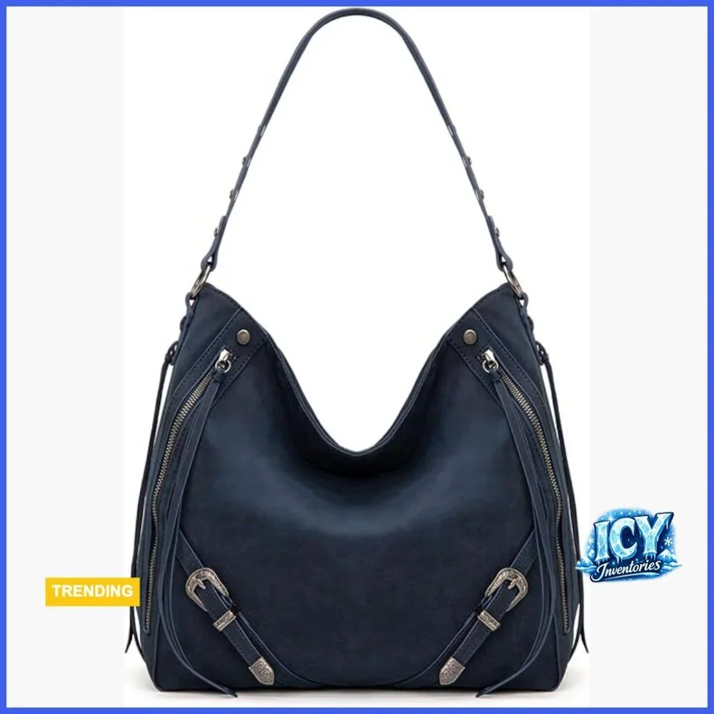 Large Faux Suede Hobo Bag with Fringe and Buckle Shoulder Purse